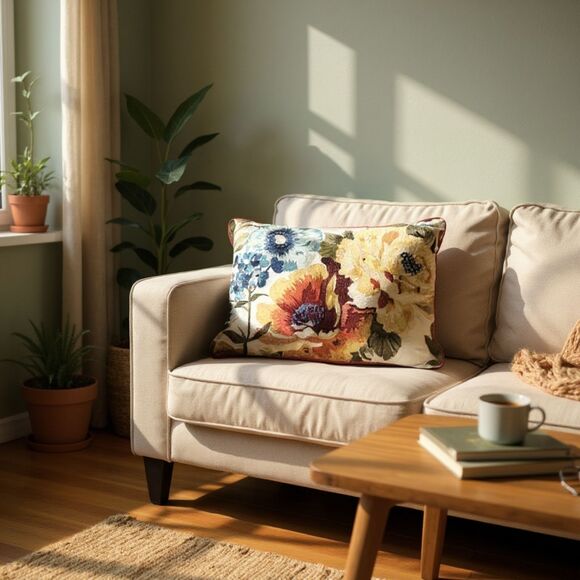 Pier 1 Imports Floral Embroidered Lumbar Pillow Blue Yellow Orange Zipper 19x13 - Picture 1 of 7